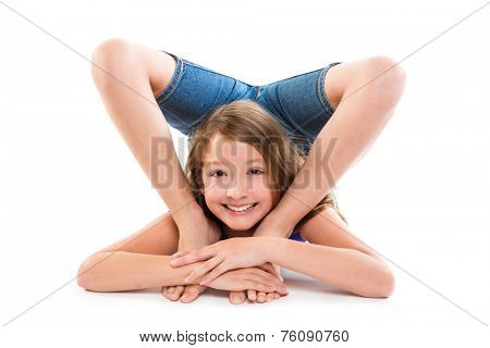 Flexible contortionist kid girl playing happy on white background