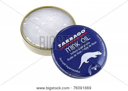 BANGKOK, THAILAND - SEPTEMBER 2014 : A jar of Tarrago Mink Oil on 1 September 2014 in Bangkok, Thailand. Mink oil is used to lubricate leather and preventing chapping and helps to waterproof leather