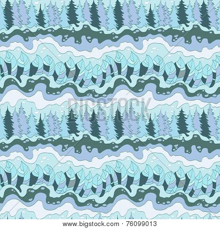 blue winter forest and river seamless pattern