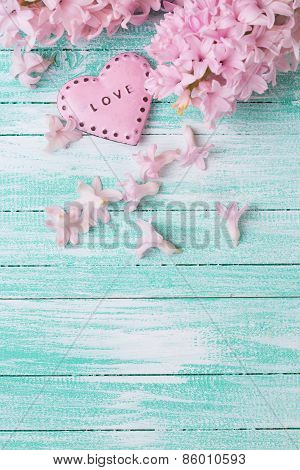 Postcard With Fresh Flowers Hyacynths  And Decorative Heart