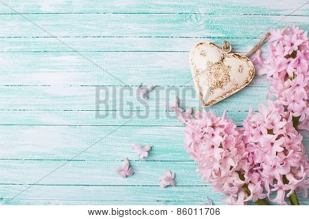 Postcard With Fresh Flowers Hyacynths  And Decorative Heart