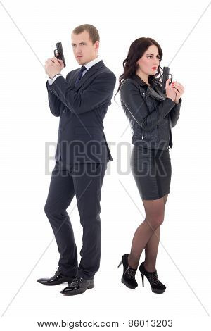 Full Length Portrait Of Man And Woman Special Agents With Guns Isolated On White