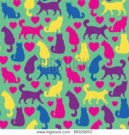 Seamless pattern with cats and hearts