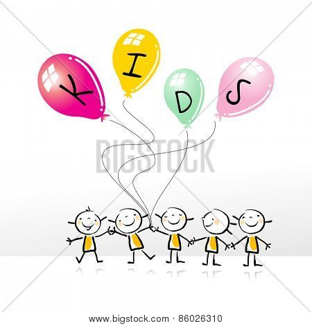 Happy kids group, holding colorful balloons, doodle style, sketchy vector illustration. Kids playing.