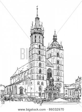 The town square in Krakow & Church of St. Mary. Poland. Black & white vector sketch