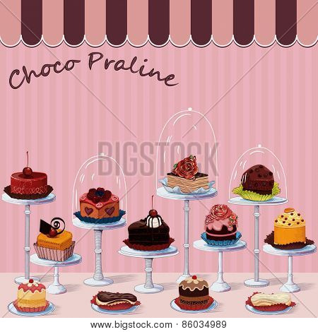 Large group of different cakes on stands