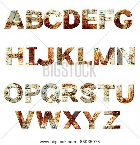 Alphabet - letters from rusty metal with rivets. Isolated on white background