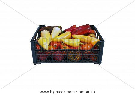 La caja de tomates rojos y verdes brillantes y Paprica