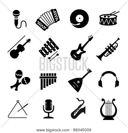 Vector Assorted black musical instruments icons set  on white