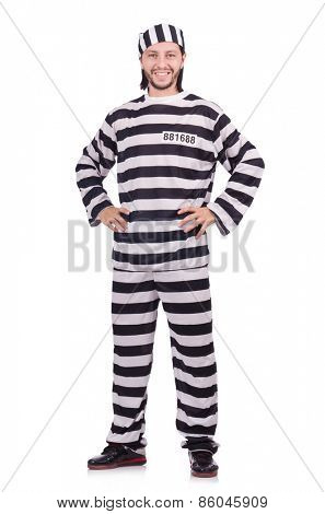 Convict criminal in striped uniform isolated on white