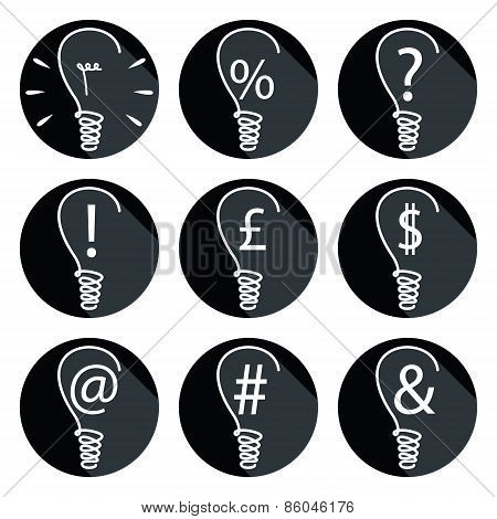 Ideas - bulbs set of icons with associated elements such as percent sign, exclamation mark, dollar s
