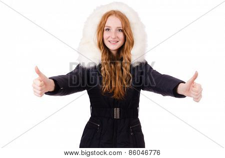 Pretty girl in warm clothes isolated on white