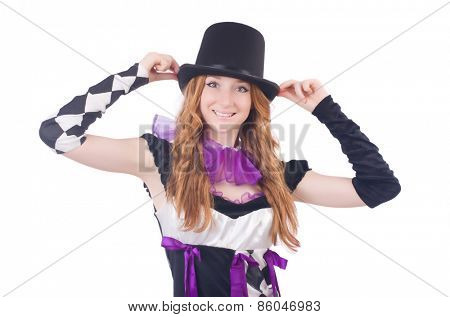 A girl in harlequin costume isolated on white