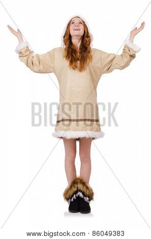 Eskimo girl wearing clothes of all fur isolated on white