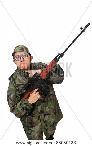 Military man with a gun isolated on white