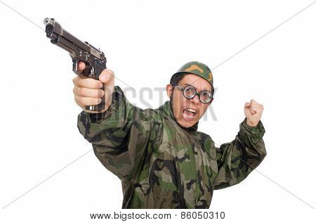 Military man with a gun isolated on white