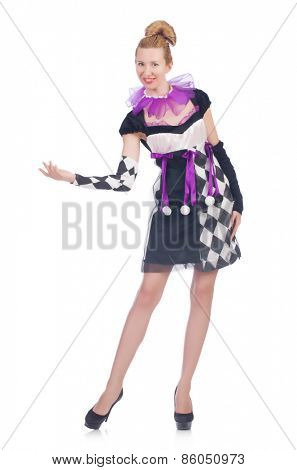 A girl in harlequin costume isolated on white
