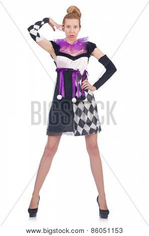 A girl in harlequin costume isolated on white