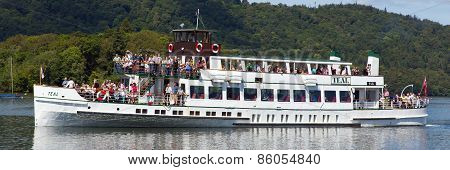 Pleasure boat Bowness on Windermere Lake District England UK panorama