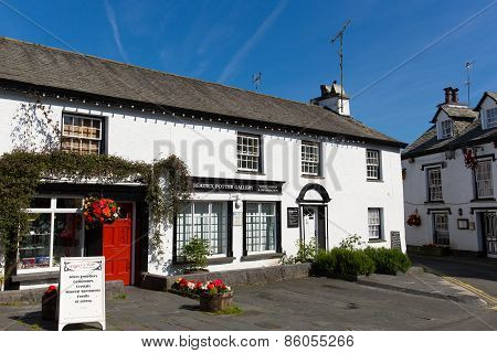 Hawkshead Lake District England uk street with gallery on a beautiful sunny summer day