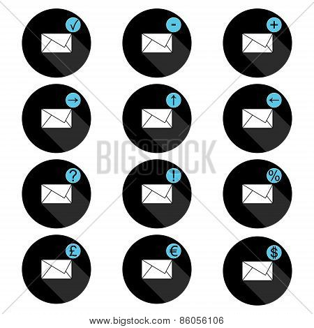 Correspondence set of icons in circle with the shadow , presenting image of the envelope and associa