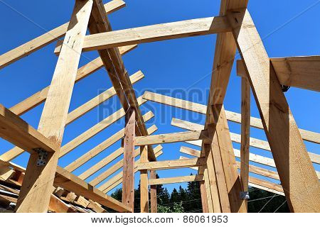 Installation Of Wooden Beams At Construction The Roof Truss System