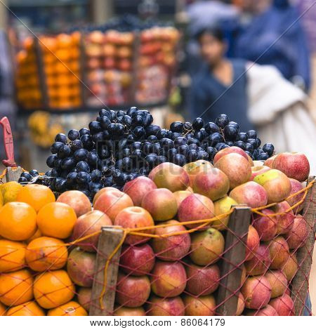 The Hawker Sell His Fruits In Thamel In Katmandu, Nepal.