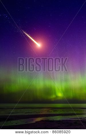 Falling comet and Aurora Borealis