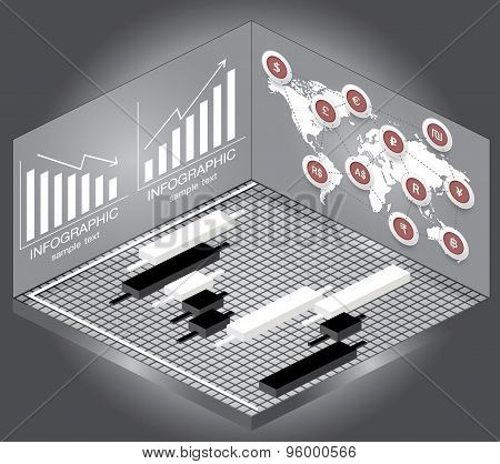 Isometric Chart And Graph Icons,map And Currency.