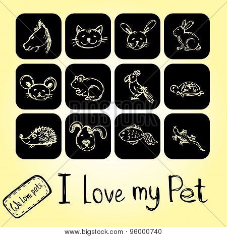 Set Pet Icons , Hand Drawing, Vector.