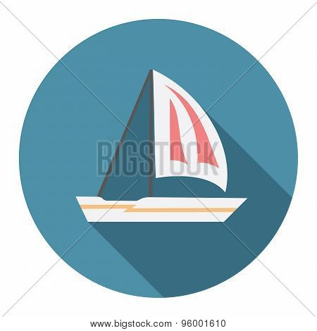 Flat Design Modern Vector Illustration Of Sailing Boat Icon With Long Shadow, Isolated