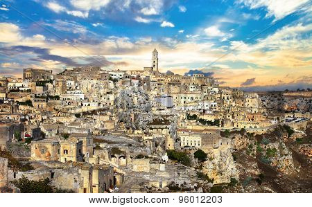 susnet over ancient Matera. Basilicata, Italy