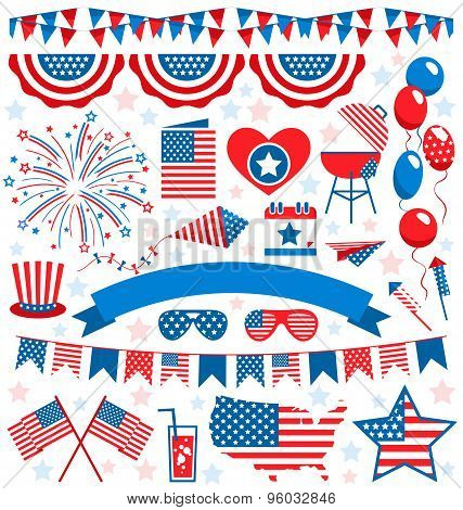 Usa Celebration Flat National Symbols Set For Independence Day Isolated On White