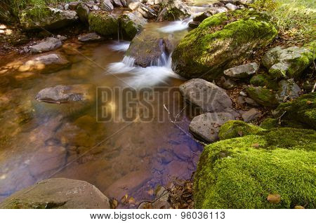 Silky stream in Oza Forest, Echo Valley, Pyrenees, Huesca, Aragon, Spain.