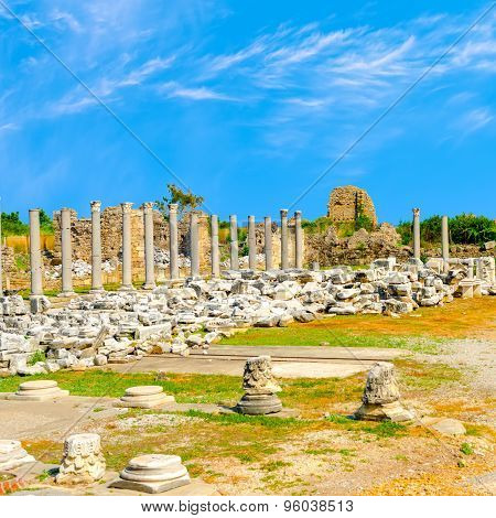Ancient Ruins Of Goddess Chance Tyche Temple Roman Empire, Side, Turkey, Travel Background
