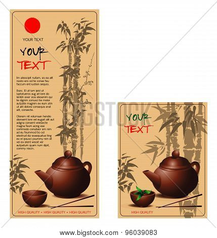 banners set with teapot and cup of tea in Chinese style