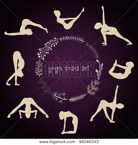 woman practicing yoga for design. Set of yoga poses