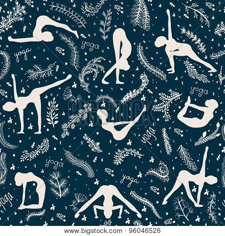 floral seamless pattern woman practicing yoga pose