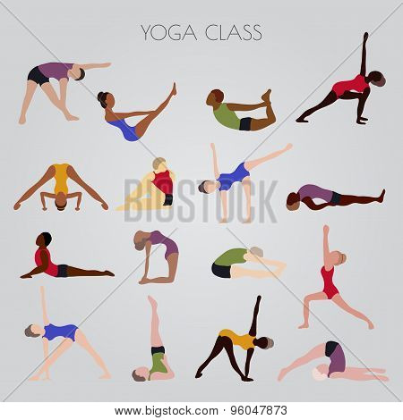 men and women practicing yoga. Set of yoga poses for design