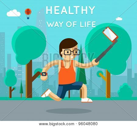Healthy way of life. Sport monopod selfie in park