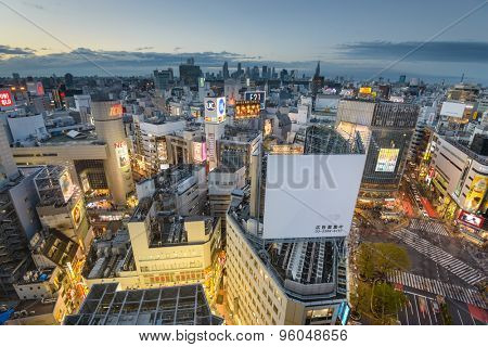 TOKYO, JAPAN - MARCH 30, 2014: Aerial view of Shibuya Ward. Shibuya is one of Tokyo's major nightlife and fashion centers.