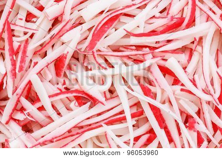 Close Up Stack Of Immitation Crab Sticks