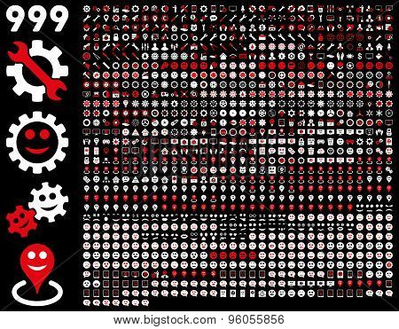 999 tools, gears, smiles, map markers, mobile icons.