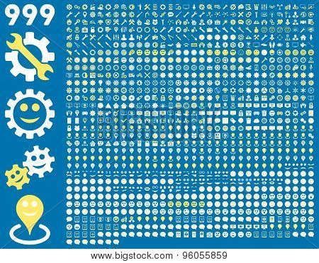 999 tools, gears, smiles, map markers, mobile icons.