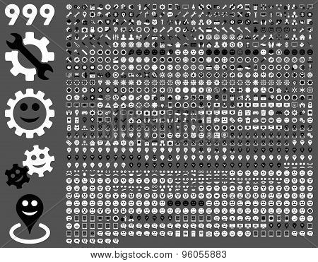 999 tools, gears, smiles, map markers, mobile icons.