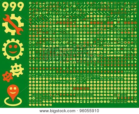 999 tools, gears, smiles, map markers, mobile icons.