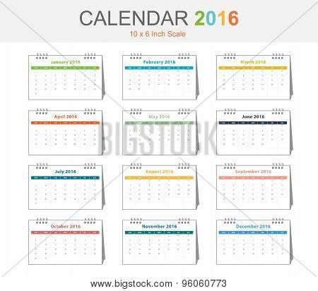 Calendar 2016 Template (vector Eps10) Size 10X6 Inch Scale