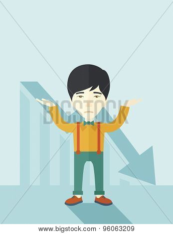 A sad asian guy raising his two arms surrendering causing of his failed business. Graph arrow down, shares fall. Unsuccessful business concept. A contemporary style with pastel palette soft blue