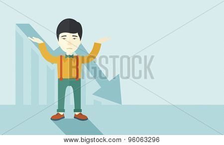A sad asian guy raising his two arms surrendering causing of his failed business. Graph arrow down, shares fall. Unsuccessful business concept. A contemporary style with pastel palette soft blue