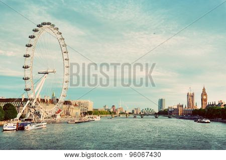 London, the UK skyline in vintage retro style. Big Ben, River Thames seen from Golden Jubilee Bridges. English symbols.